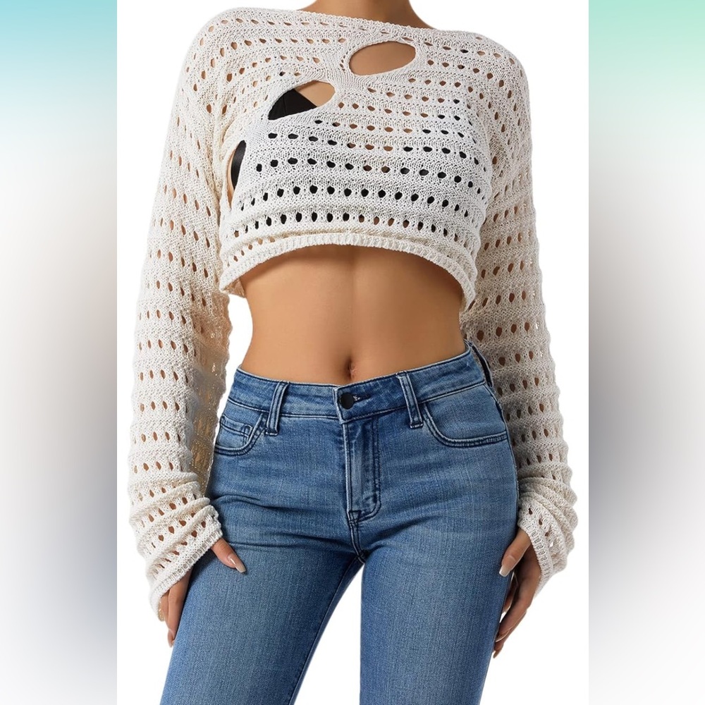 Cream Crochet Knit Cutout Crop Top Long Sleeve Boho Festival Size S